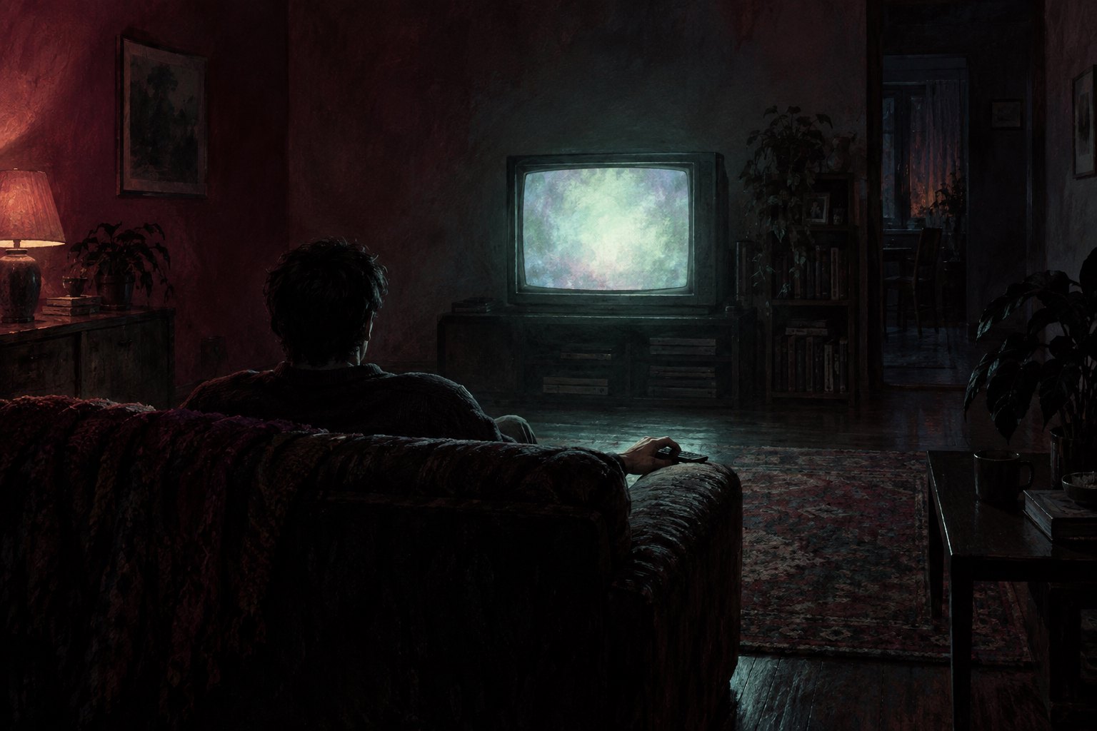Conceptual illustration of a solitary viewer holding a remote while watching a glowing television in a dark living room.
