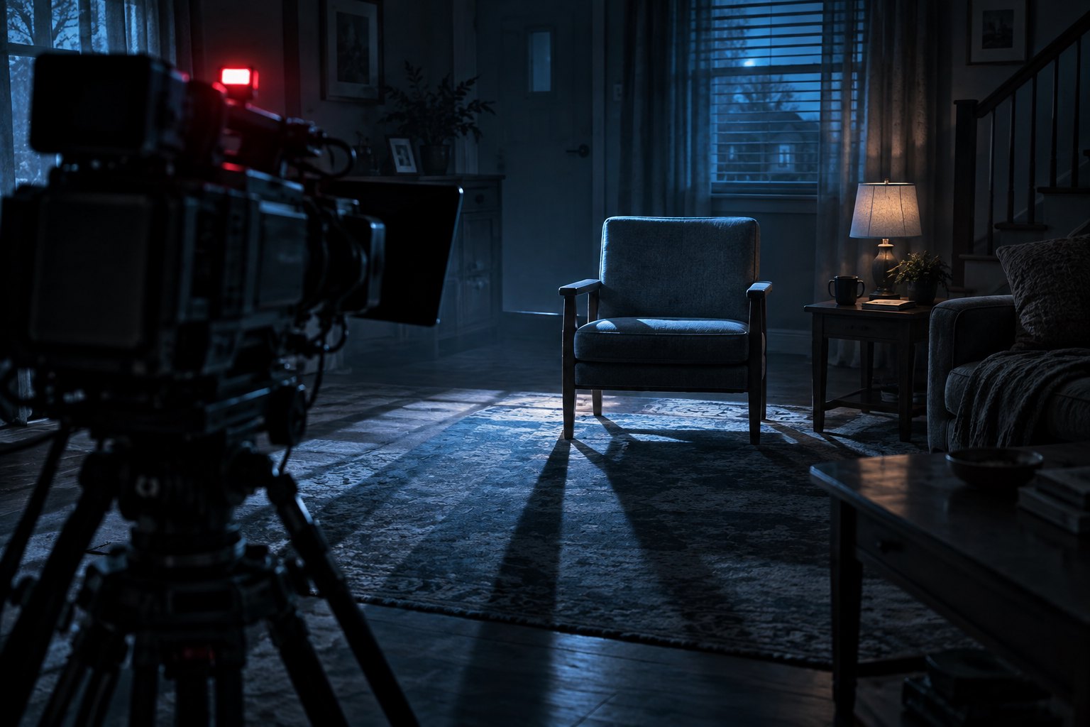 Conceptual illustration of a television camera facing an empty chair in a dim, blue-lit living room.