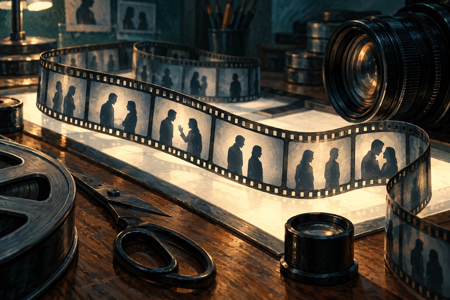 Conceptual illustration of silhouetted figures in a looping filmstrip beside a cinema lens on an illuminated editing desk.