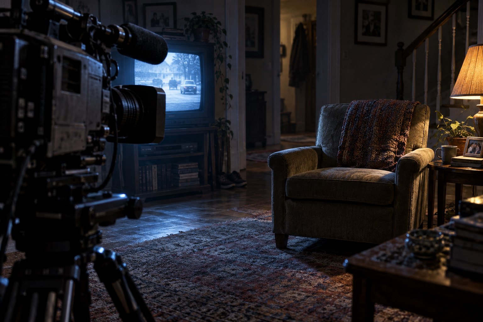 Conceptual illustration of a television camera aimed at an empty chair in a dim room.