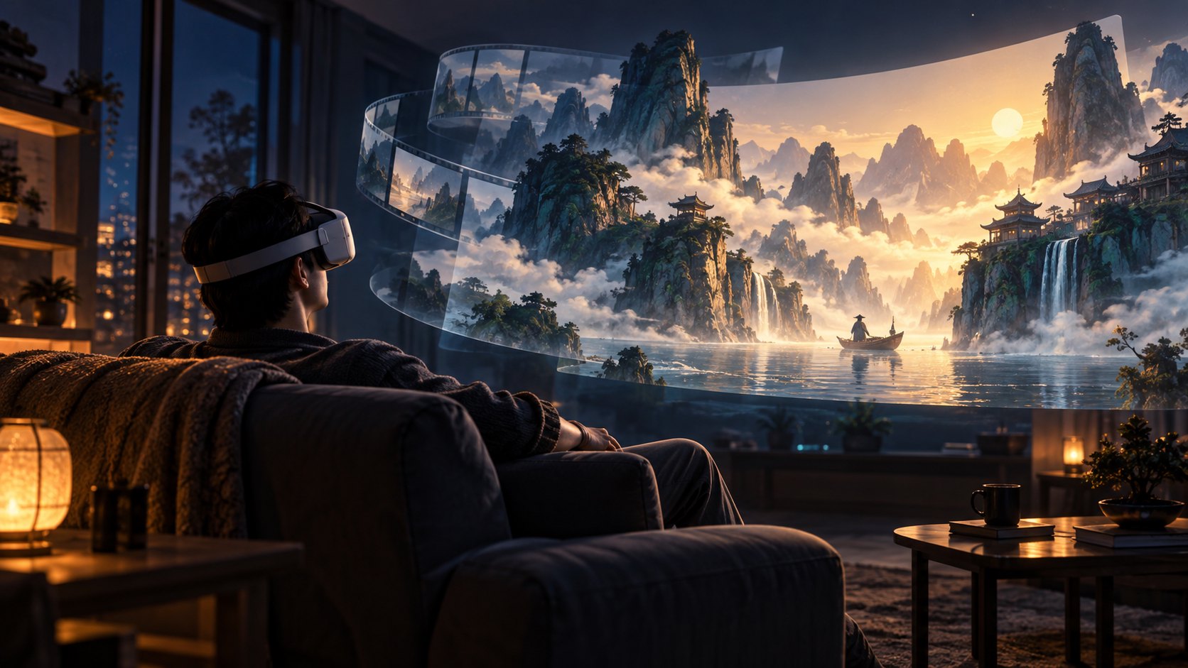 觀眾戴著無品牌VR頭戴裝置坐在客廳,前方浮現層次分明的山水銀幕概念插畫