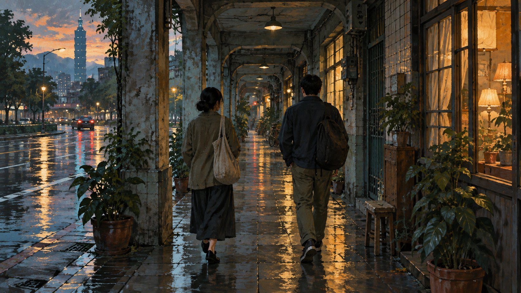 兩名旅人在雨後的台北騎樓下並肩前行,呈現陪伴與孤獨主題的原創概念插畫,非電影劇照