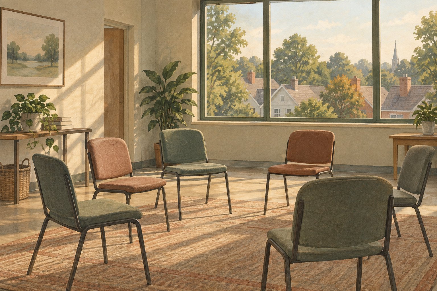 Editorial illustration of empty chairs in a community meeting room overlooking neighborhood rooftops.
