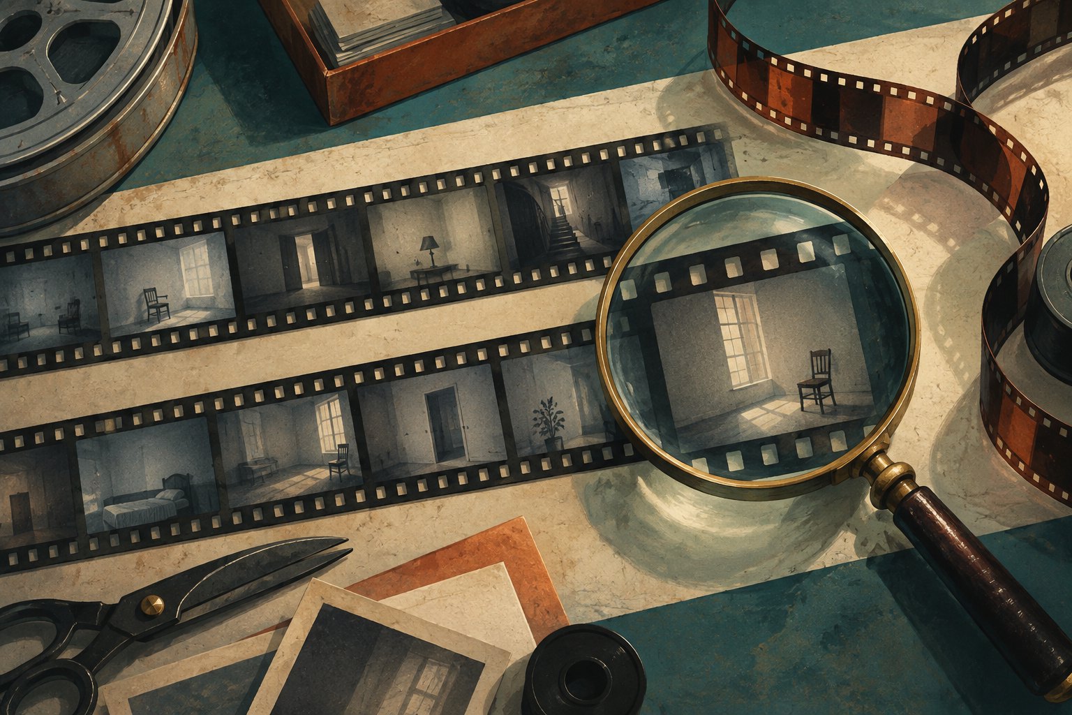 Conceptual illustration of a magnifying glass enlarging an empty-room frame on film strips spread across an editing table.