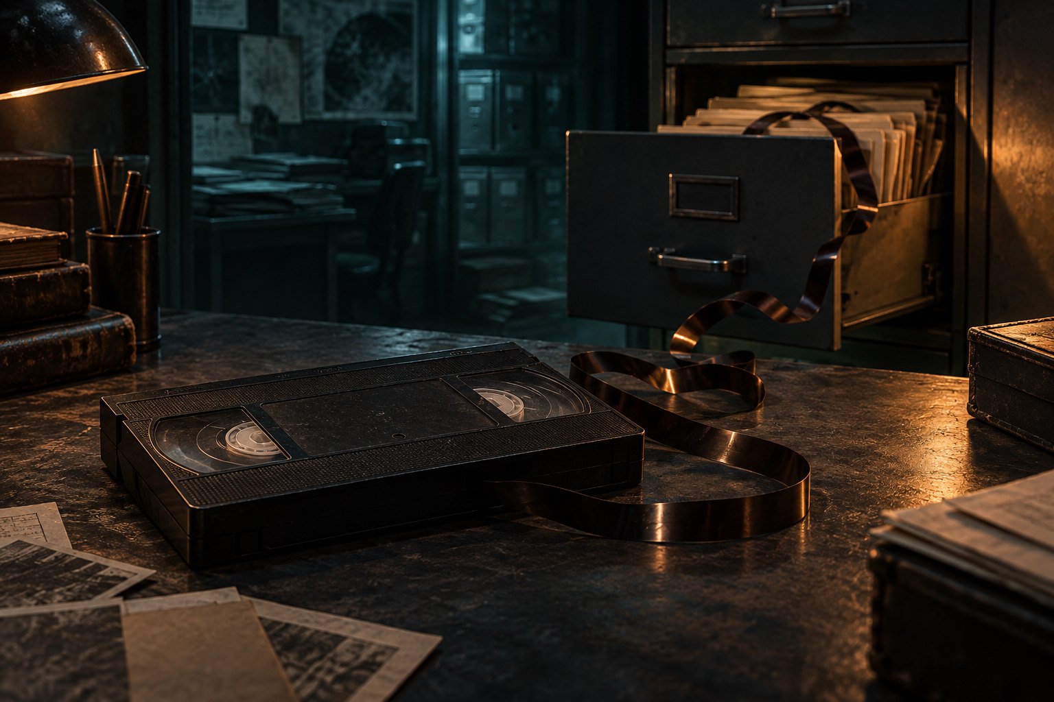 An unmarked VHS cassette trails loose magnetic tape across a dim desk toward an open filing cabinet.