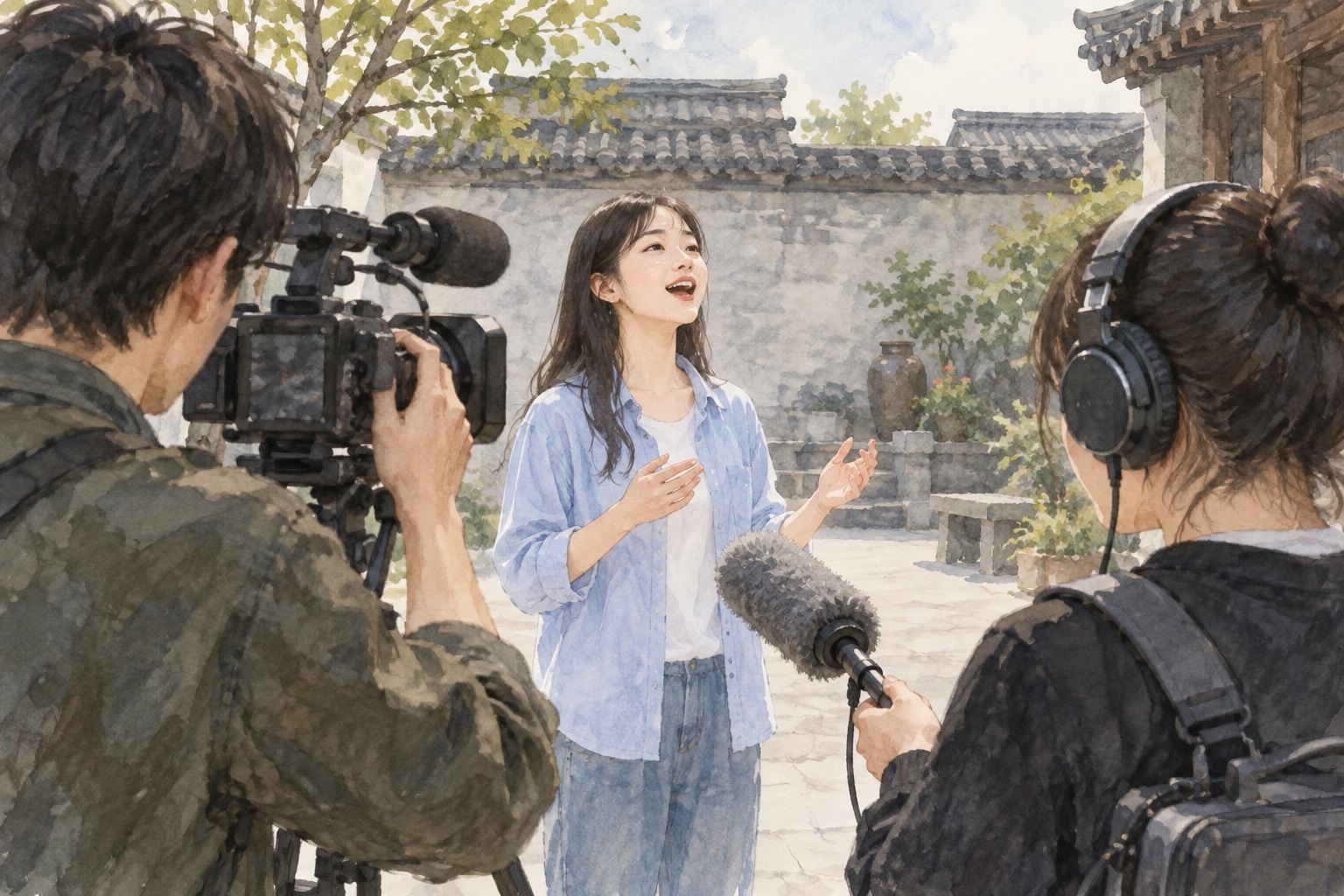摄影与收音人员记录青年歌唱的主题插画，表现镜头与倾听的关系，非活动现场实录