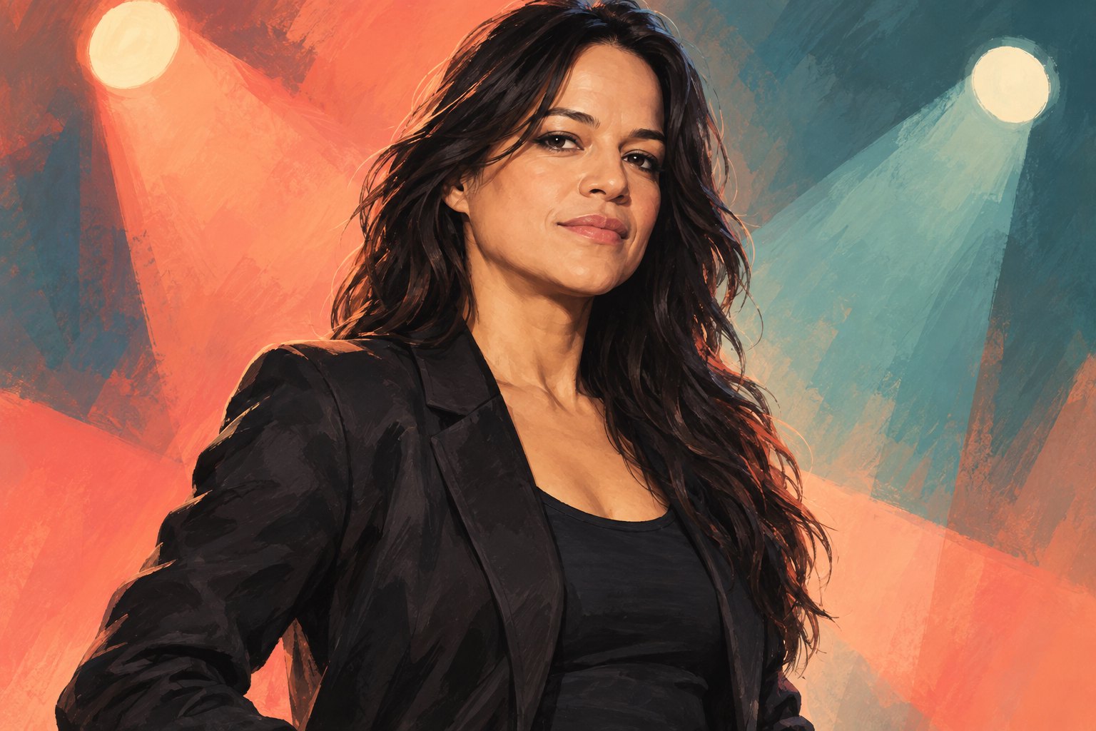 Painterly portrait of Michelle Rodriguez in a dark jacket against coral and teal cinematic spotlights.