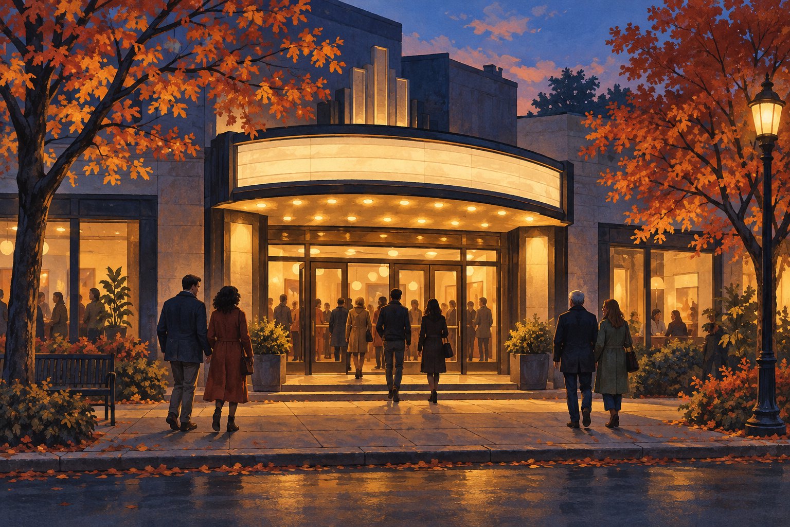 Original illustration of moviegoers approaching an imagined neighborhood cinema beneath autumn trees at dusk.