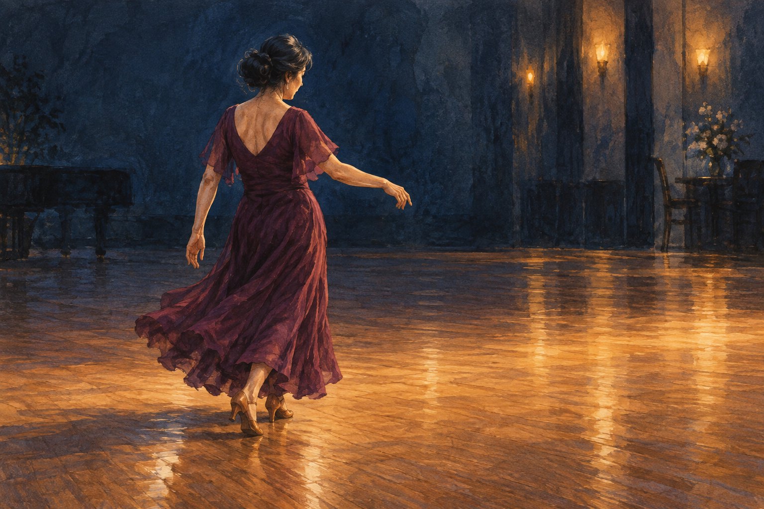 Editorial illustration of a woman in a flowing plum dress dancing alone on a wooden floor in amber light.