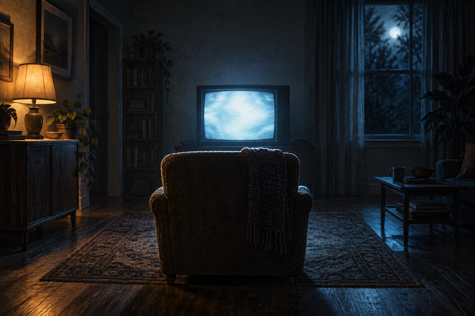 Conceptual illustration of an empty armchair facing a glowing television in a dim living room.