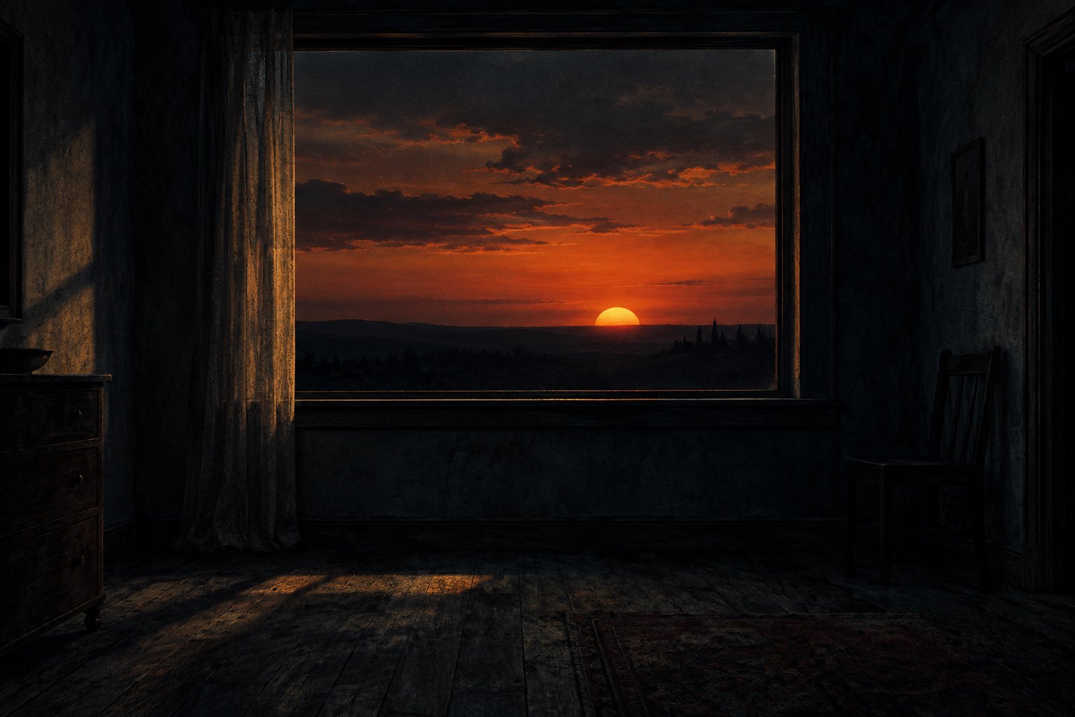 Conceptual illustration of an amber sunset seen through a window in an empty, shadowy room, not a scene from Sundown.