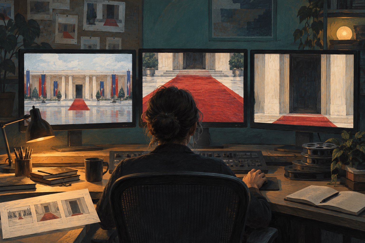Conceptual illustration of an editor viewing three differently framed images of a ceremonial entrance.