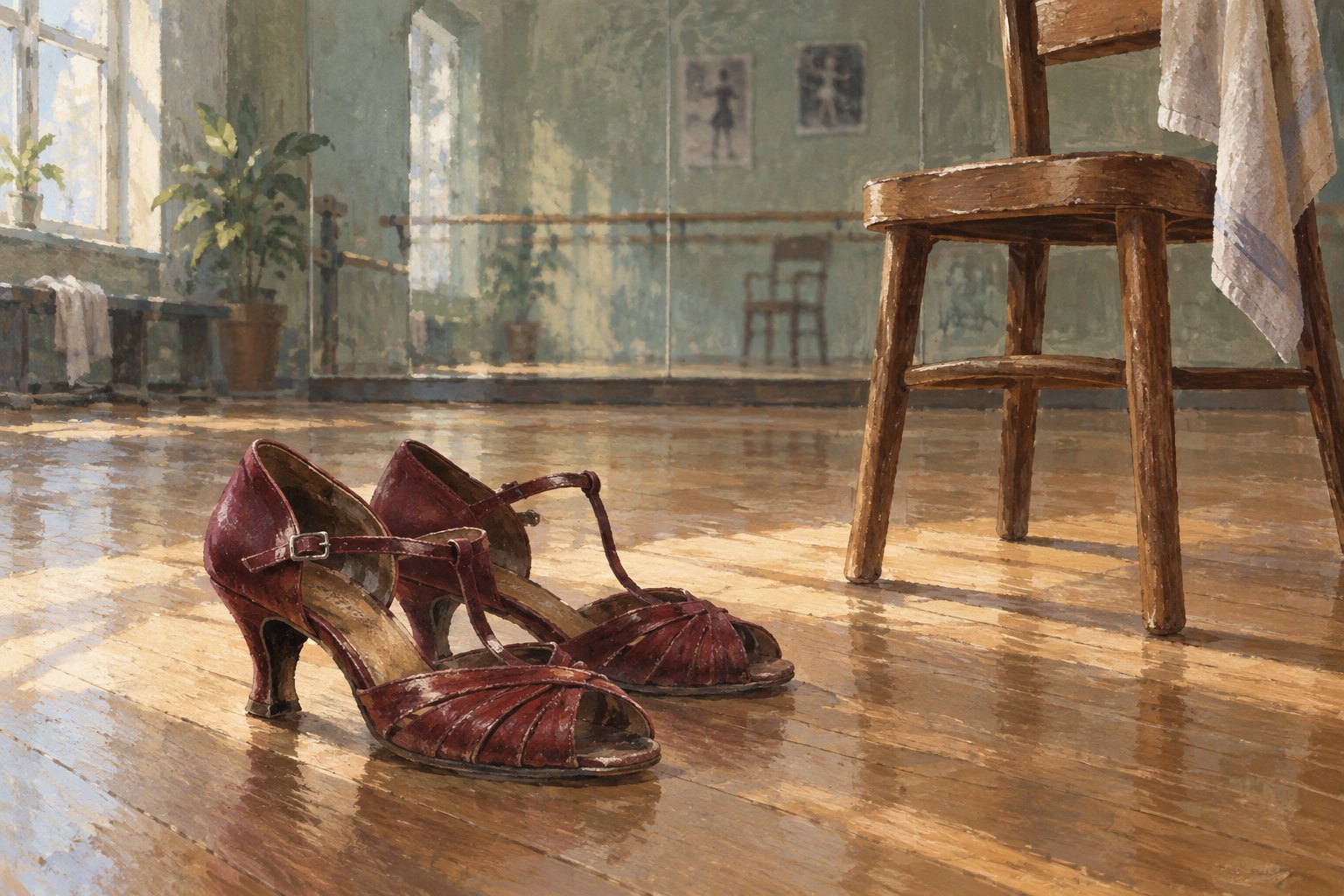 Conceptual illustration of burgundy ballroom shoes beside an empty wooden chair in a sunlit dance studio.