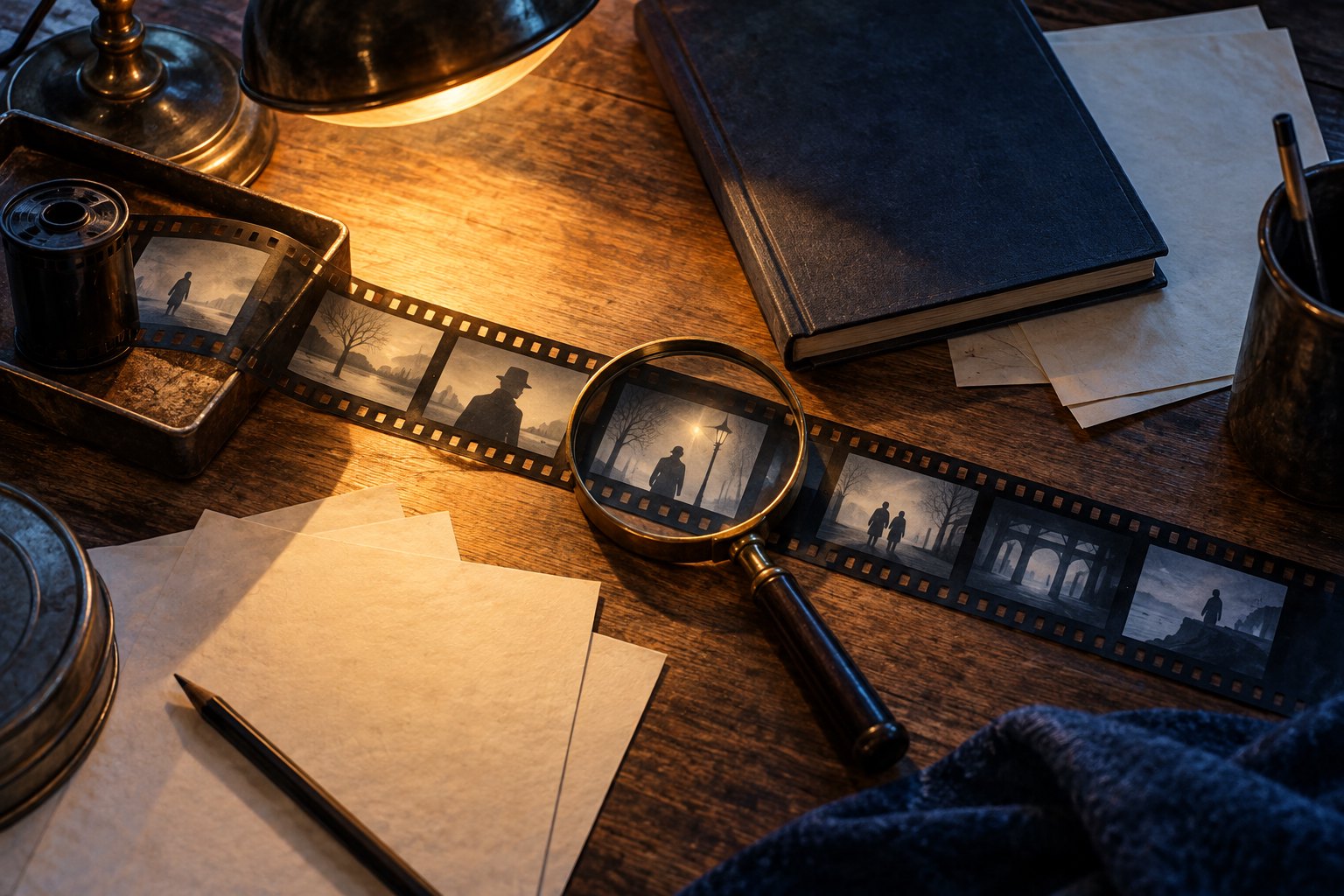 Illustration of a magnifying glass over a filmstrip beside a plain notebook and blank papers under warm lamplight.