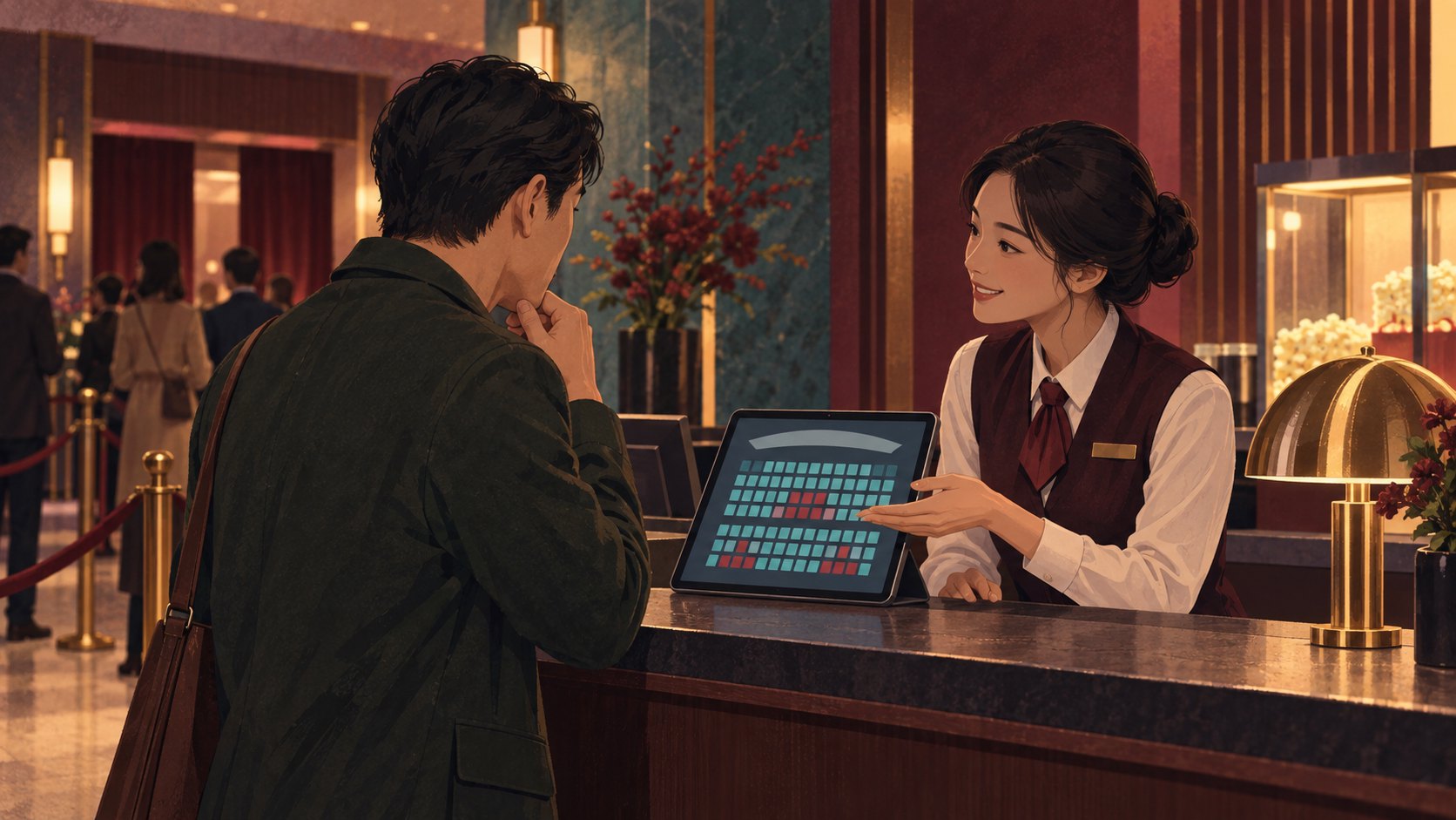 原創情境插畫:觀眾在影城櫃檯與服務人員確認座位安排,螢幕顯示抽象座位圖