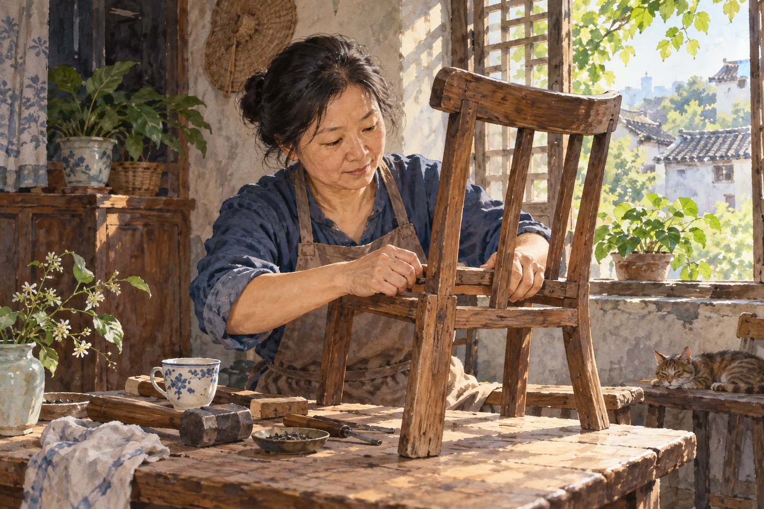 主题插画:一位女性在老屋窗边专注修理木椅,桌上摆着工具与茶杯
