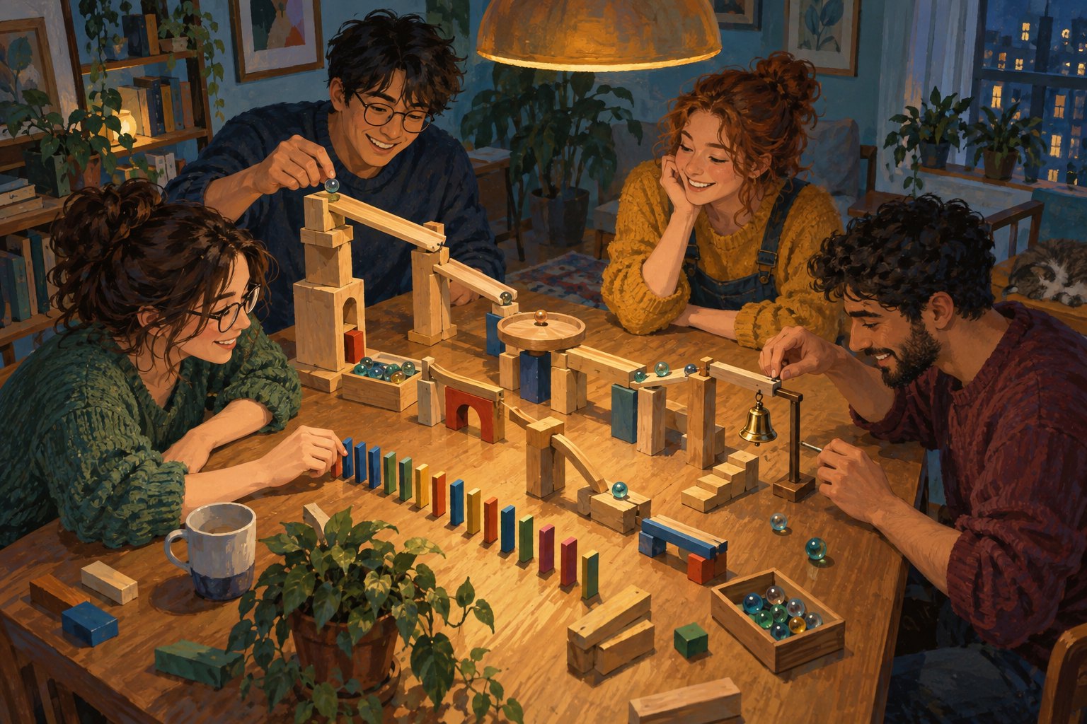 Editorial illustration of four friends building a tabletop chain-reaction machine in a warmly lit apartment.