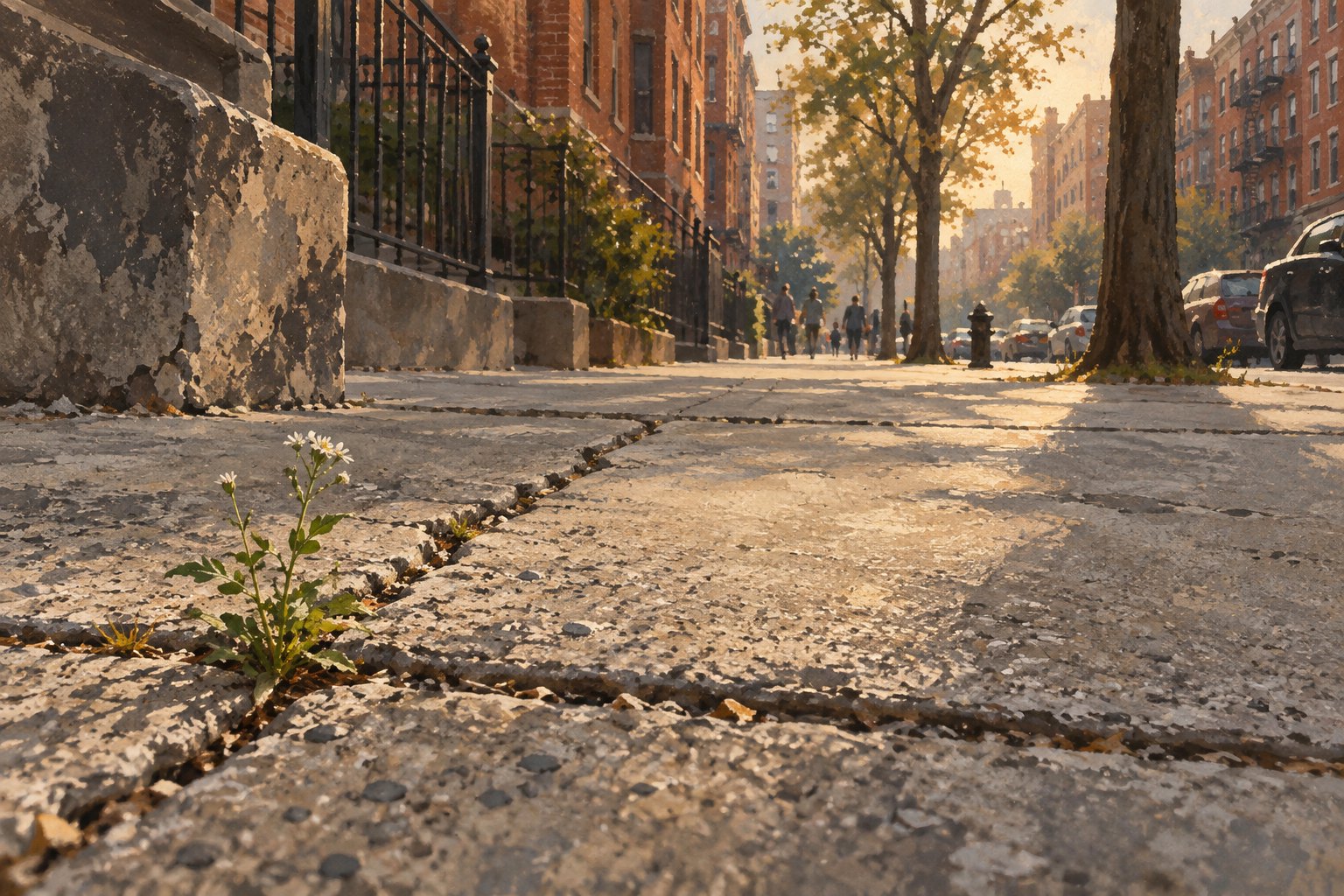 Conceptual illustration of a weathered city sidewalk with a small plant growing through a crack in warm afternoon light.