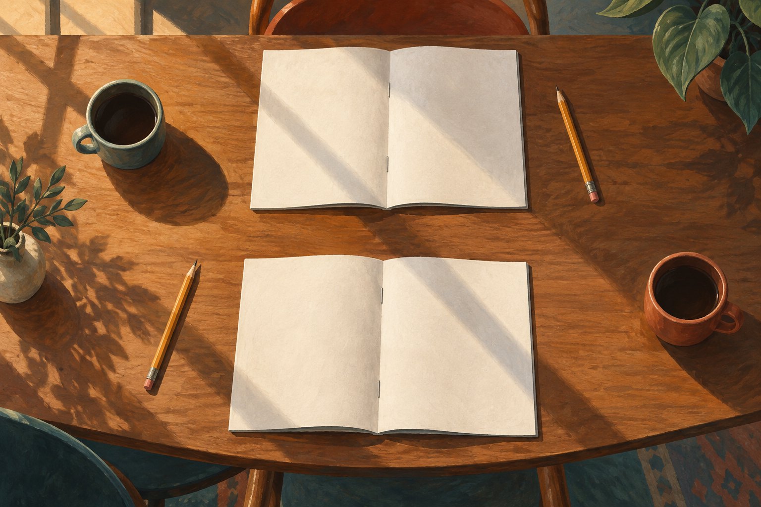 Conceptual overhead illustration of two blank open booklets, pencils, and coffee cups on a sunlit wooden rehearsal table.