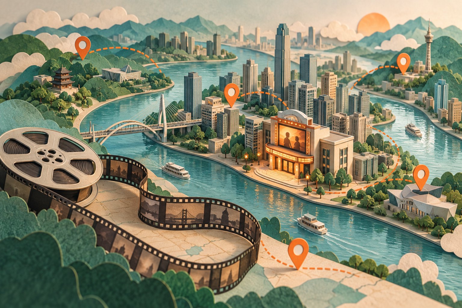 江流、城市建筑、电影院与胶片相连的纸艺风格概念插画，橙色标记象征电影出游点位