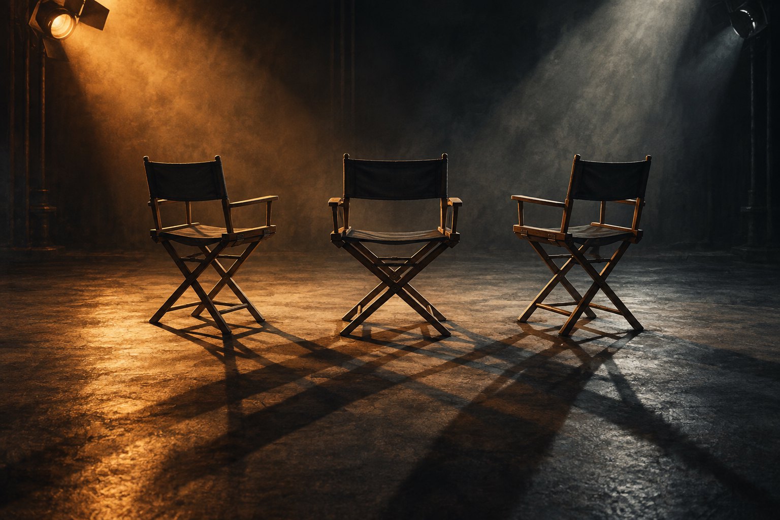 Conceptual illustration of three empty actor chairs casting overlapping shadows on a stage under amber and cool spotlights.