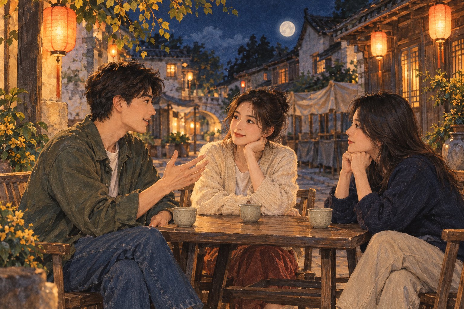 三位青年在古街暖灯下围桌交流观影感受的主题插画,非活动现场实景
