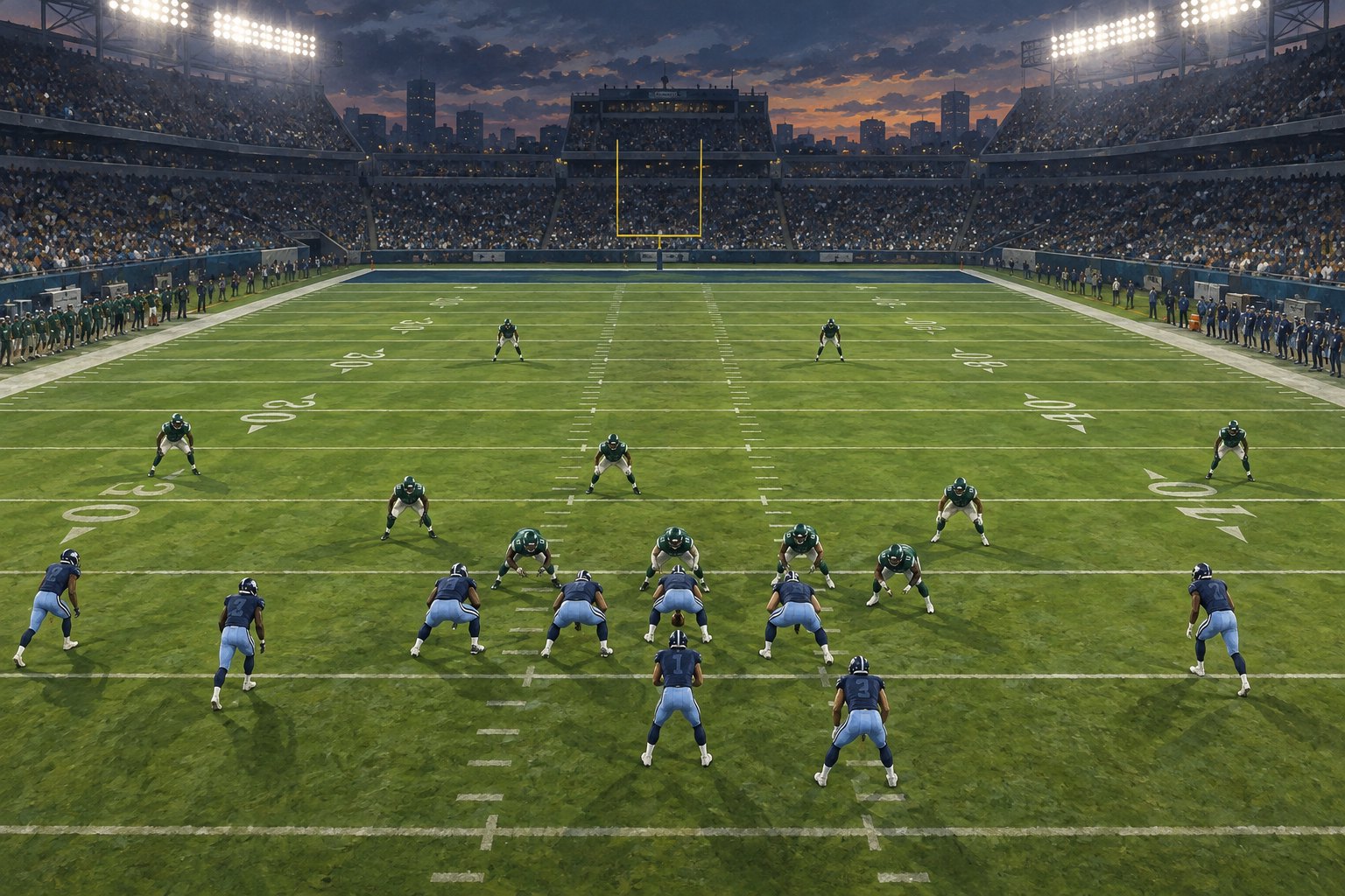 Conceptual illustration of football teams in green and blue lining up under stadium lights.