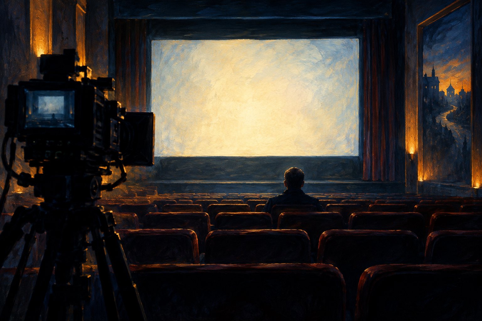 Painterly illustration of a lone viewer facing a blank cinema screen with a broadcast camera in the foreground.