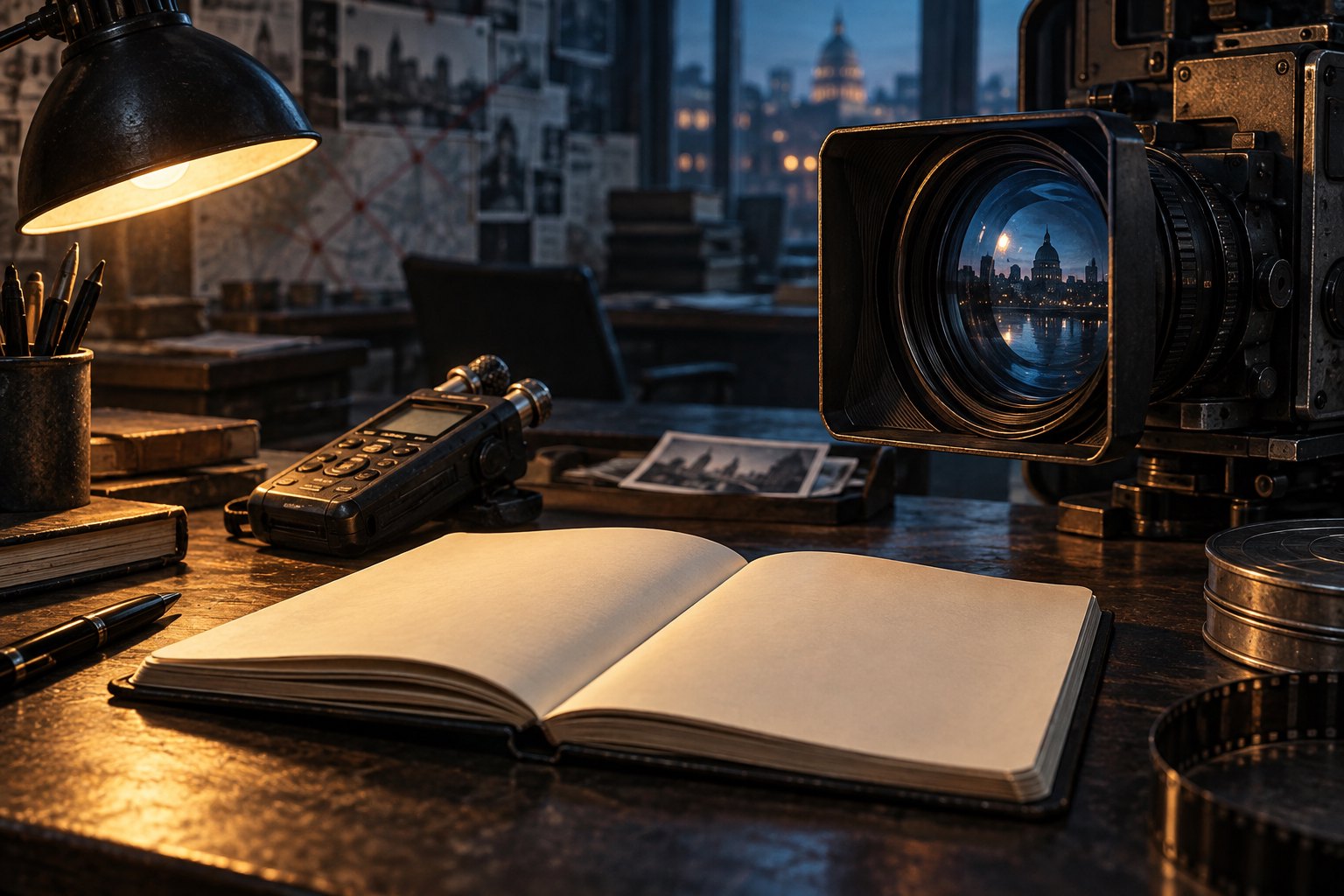 An illustrated newsroom desk with a blank notebook, an audio recorder, and a television camera lens in warm and cool light.