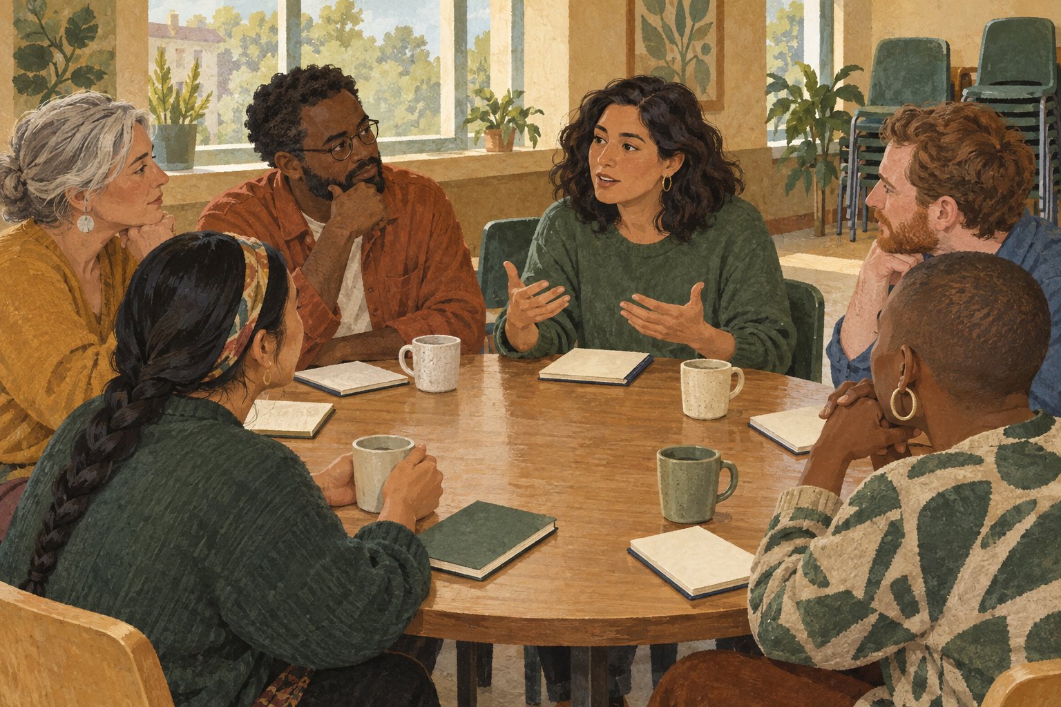 Editorial illustration of six neighbors discussing a film around a table with notebooks and cups.
