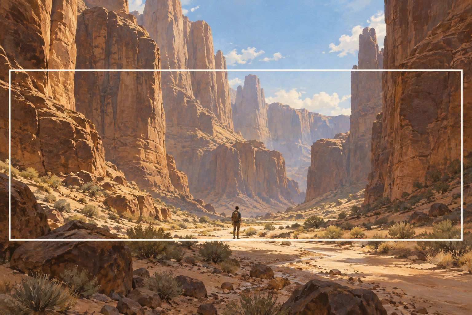 An illustrated traveler stands beneath towering canyon walls, with a rectangular outline showing a narrower view of the scene.