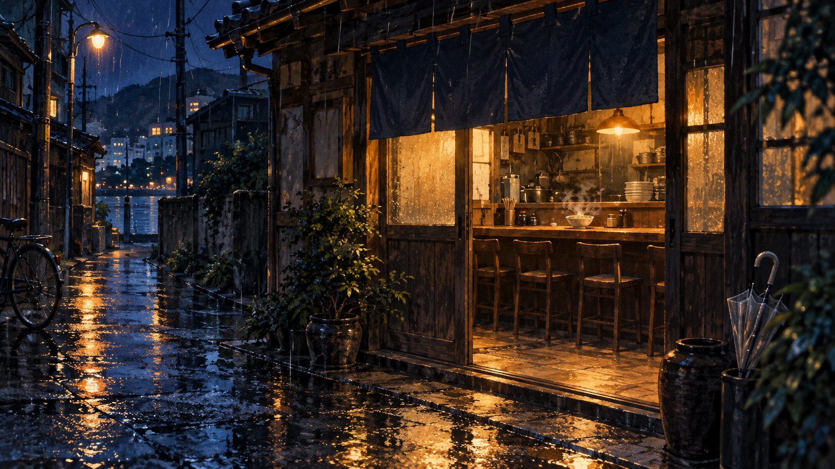 雨夜巷弄裡透出暖光的小食堂,木製吧台上擺著冒熱氣的餐碗,為原創情境插畫