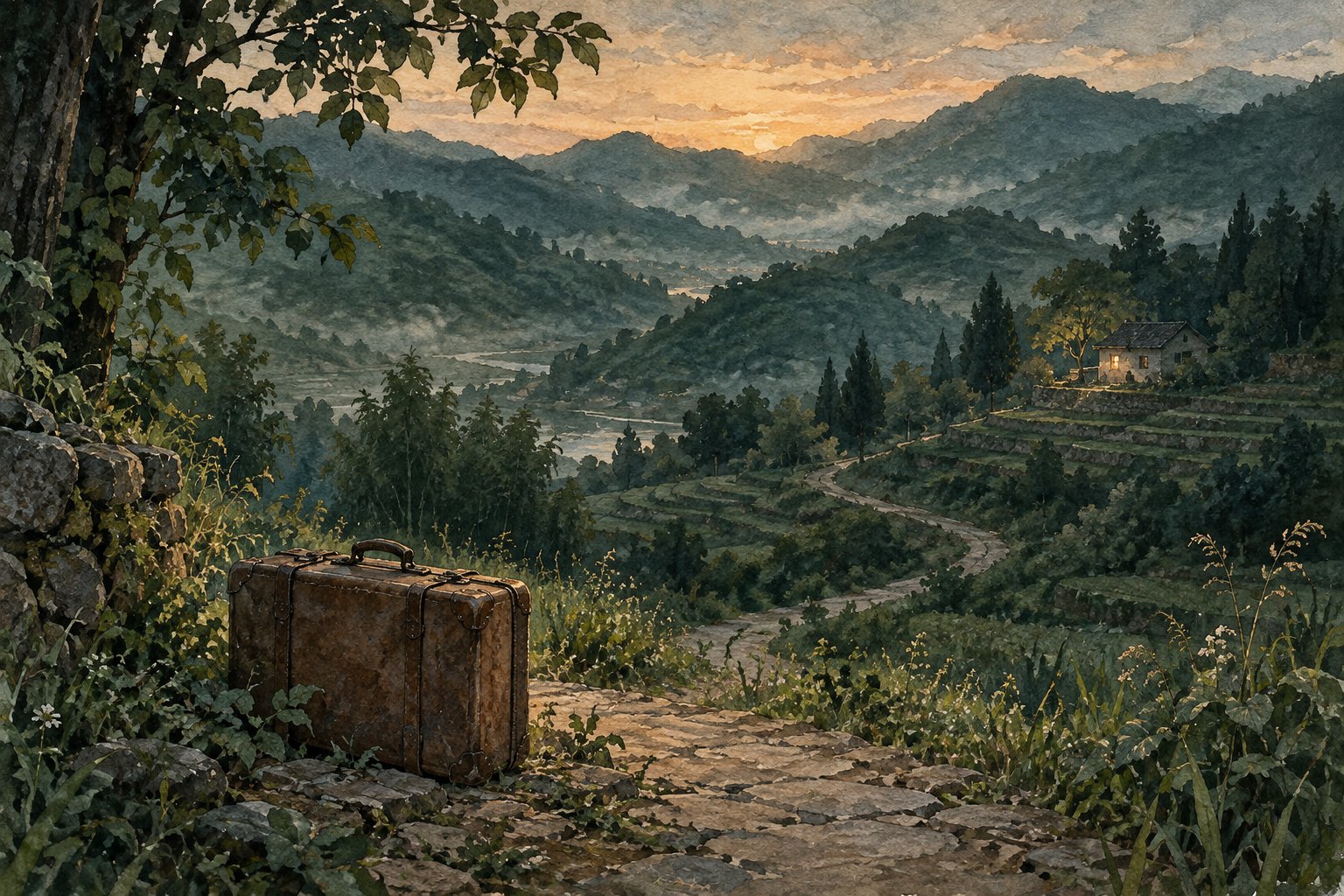 归乡主题插画：旧旅行箱放在山路旁，远处群山间的小屋透出暖光，非电影剧照