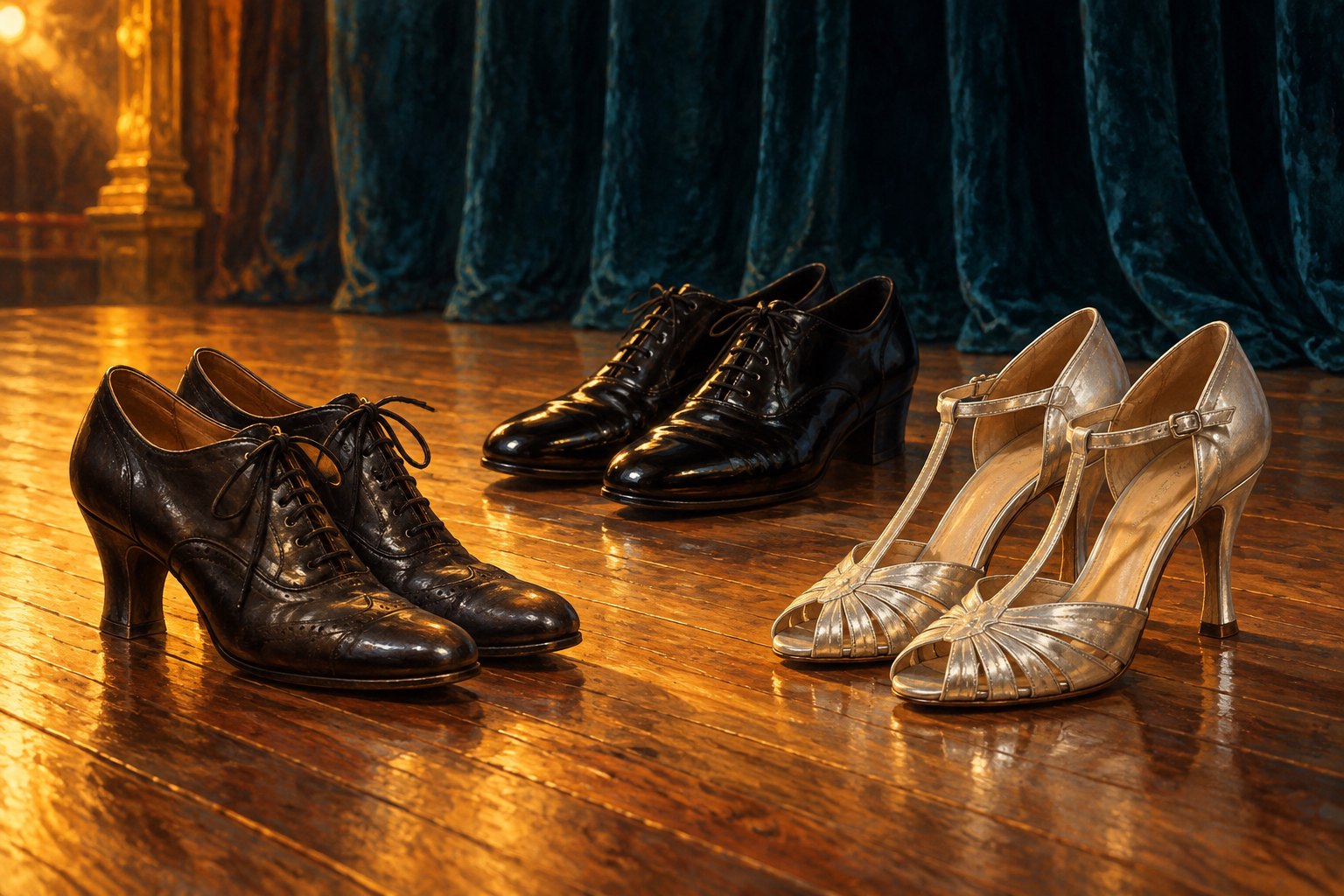 Conceptual illustration of vintage women's and men's dance shoes on a wooden floor beside a theater curtain.
