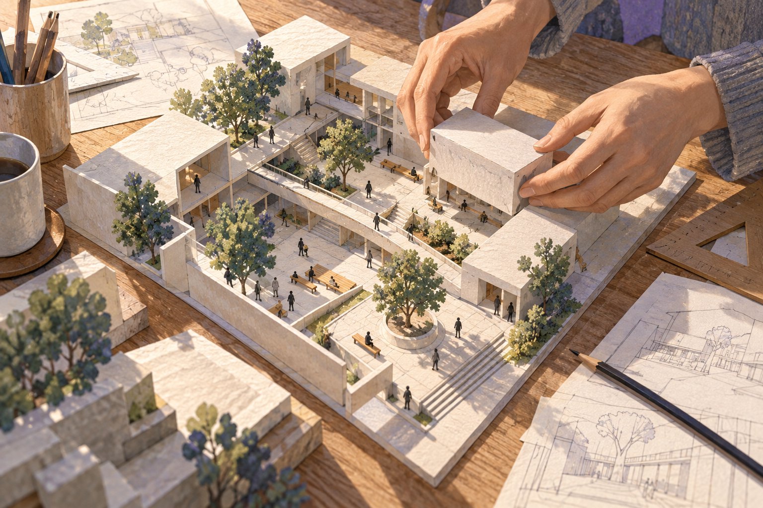 概念插画:双手调整庭院建筑模型,步道、树木与微小行人呈现空间和日常生活的关系