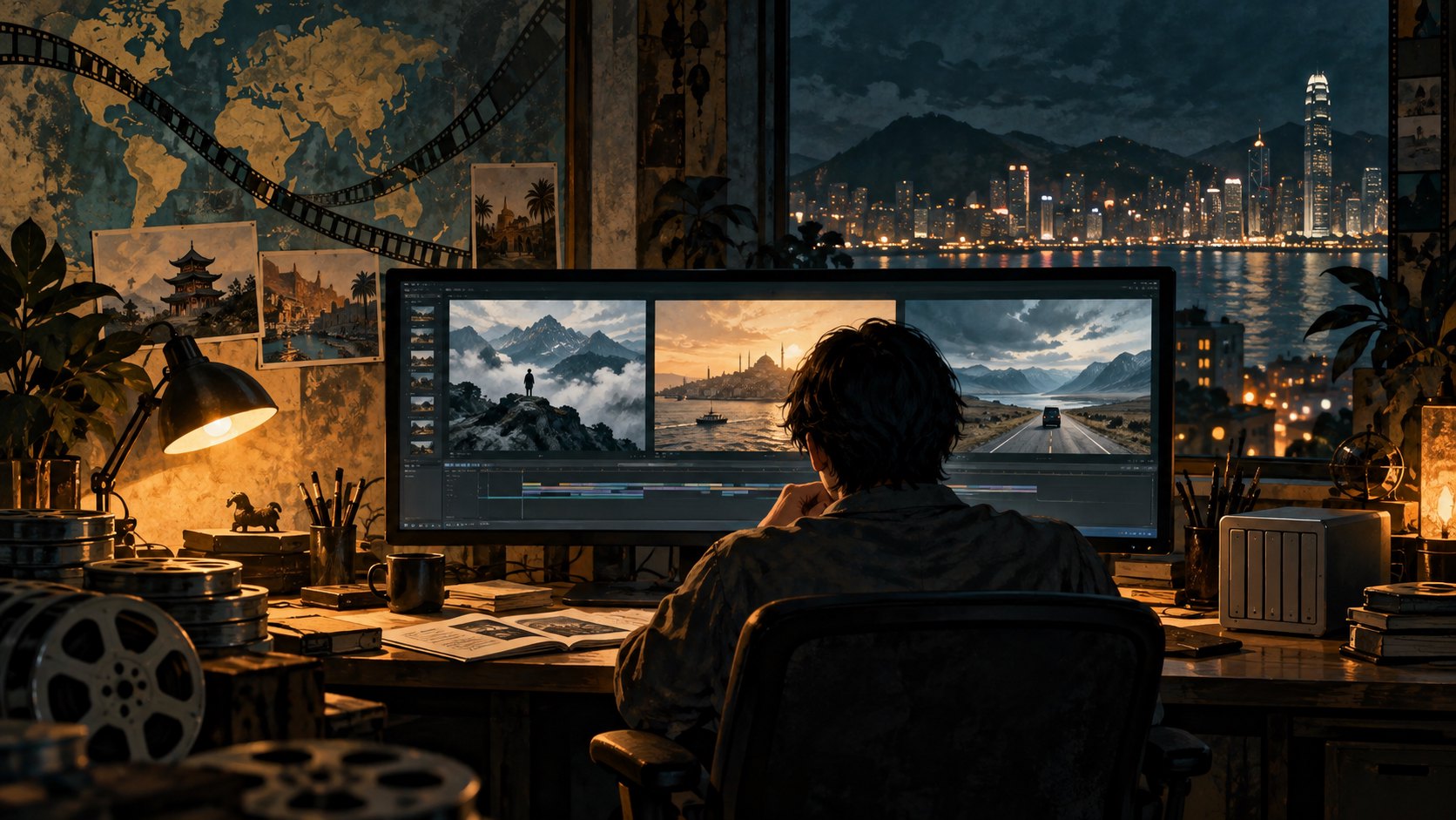 概念插畫：剪輯工作者在夜間工作室檢視不同場景，桌旁擺放儲存設備