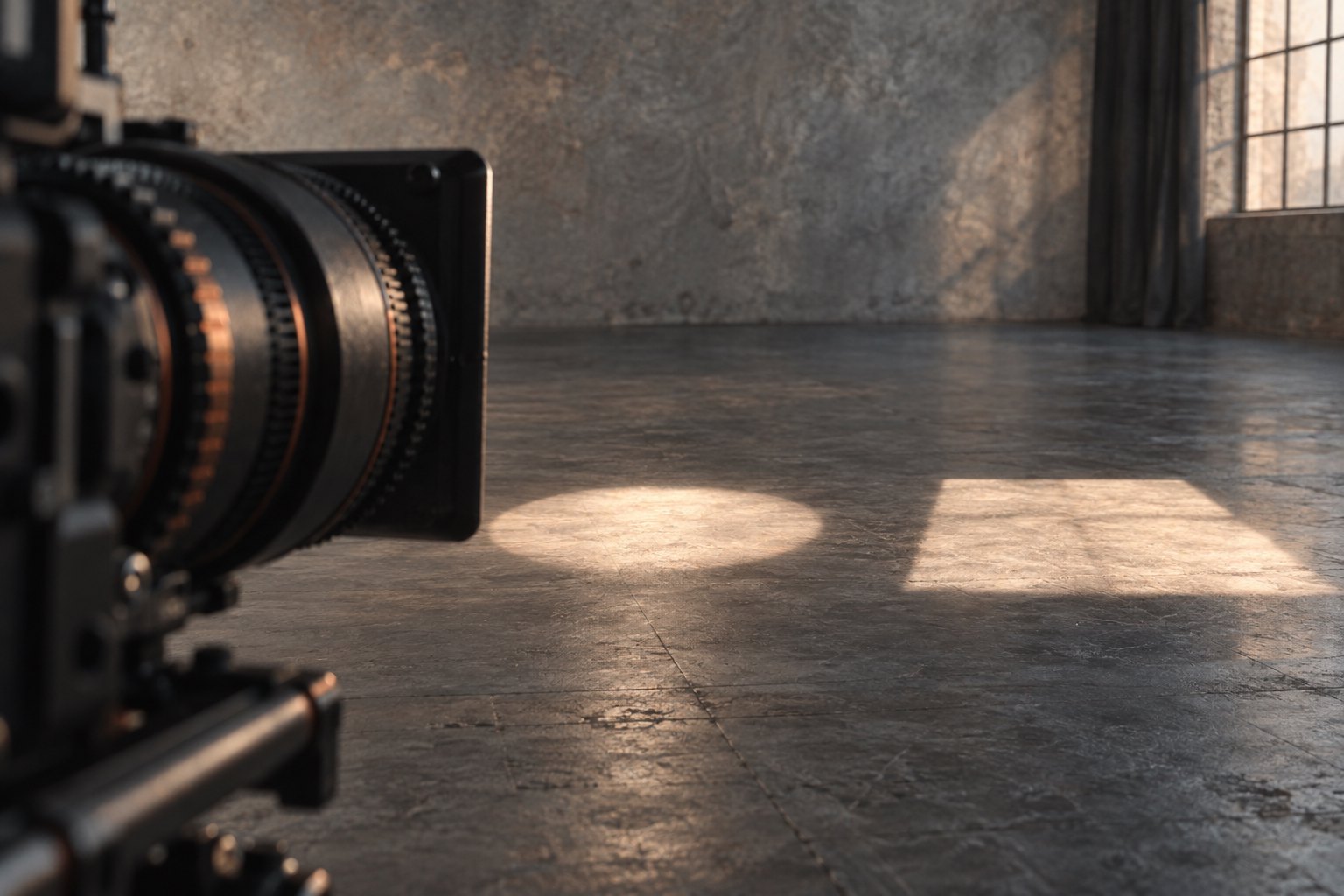 Conceptual illustration of a cinema camera facing circular and rectangular pools of light on an empty rehearsal floor.