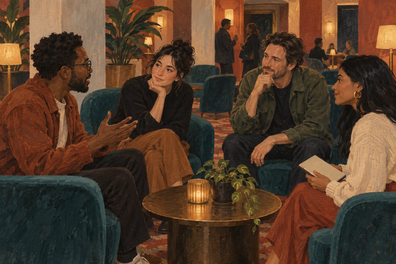 Original illustration of four moviegoers discussing a screening in an imagined cinema lobby.