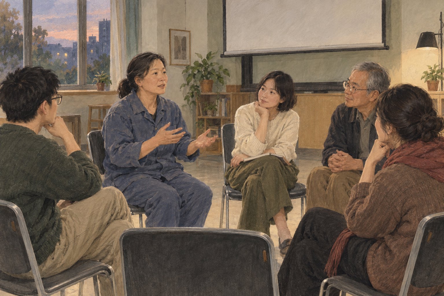 概念插画:五位成年观众在小型放映室围坐交流,一位穿工作服的女性正在发言