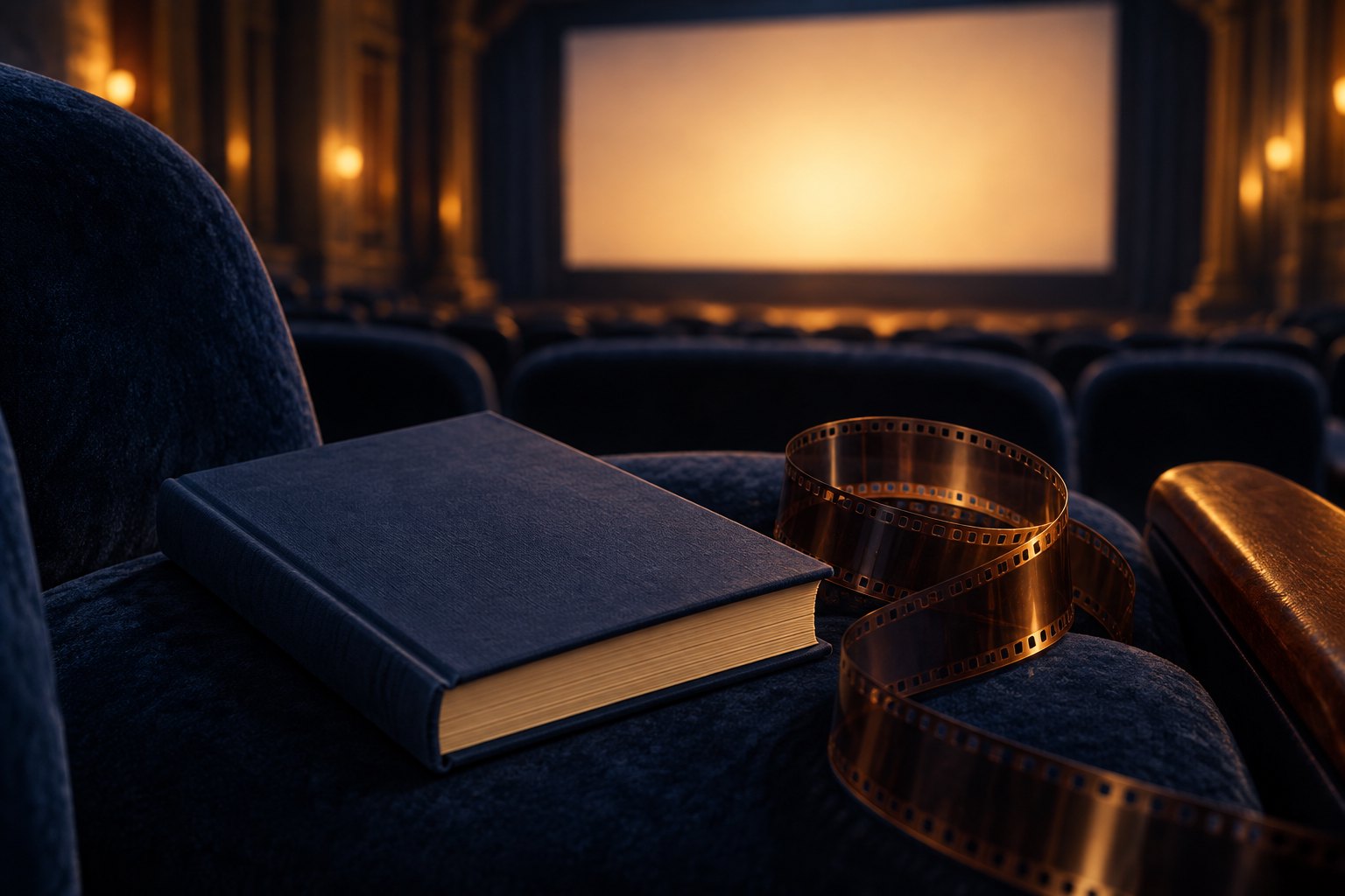 Conceptual illustration of a navy hardcover book and coiled film on a theater seat facing a glowing blank screen.