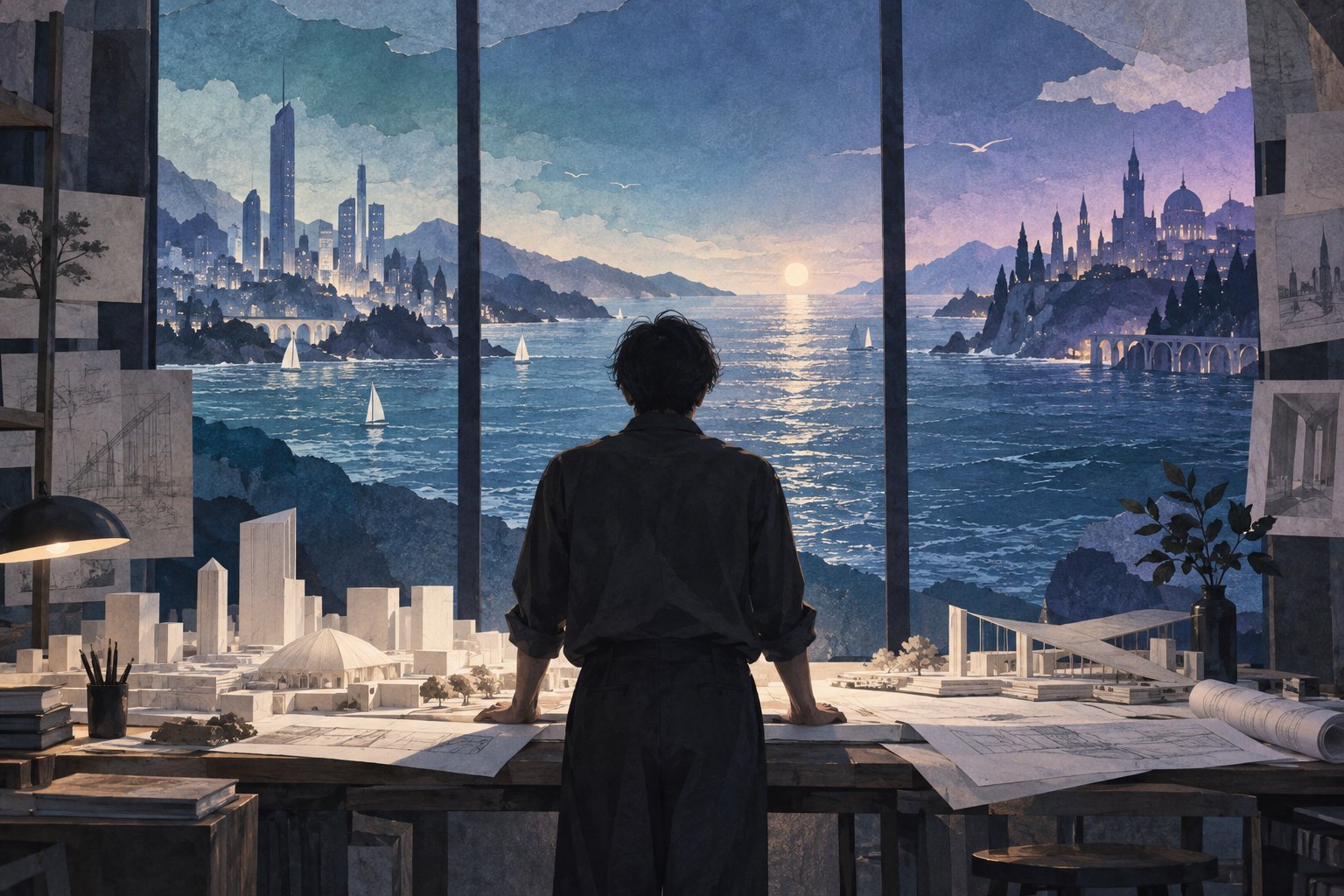 概念插画:建筑师背对观者站在模型桌前,窗外海面连接青蓝紫色的两岸城市