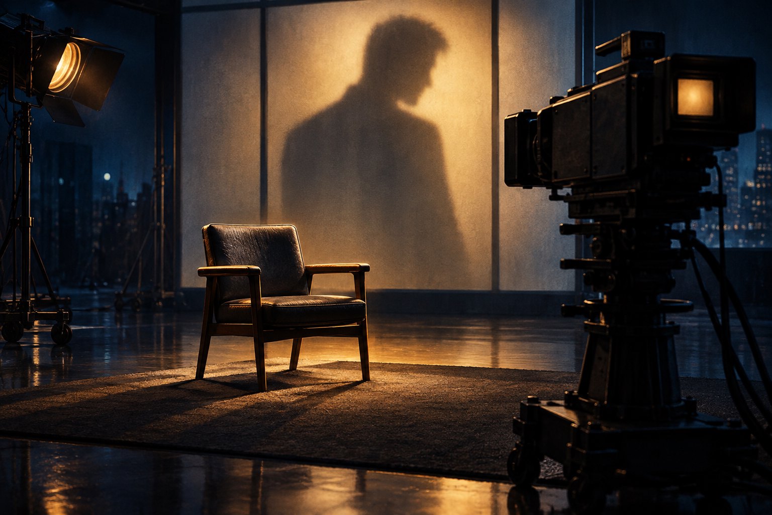Conceptual illustration of an empty interview chair facing a television camera beneath a looming human-shaped shadow.