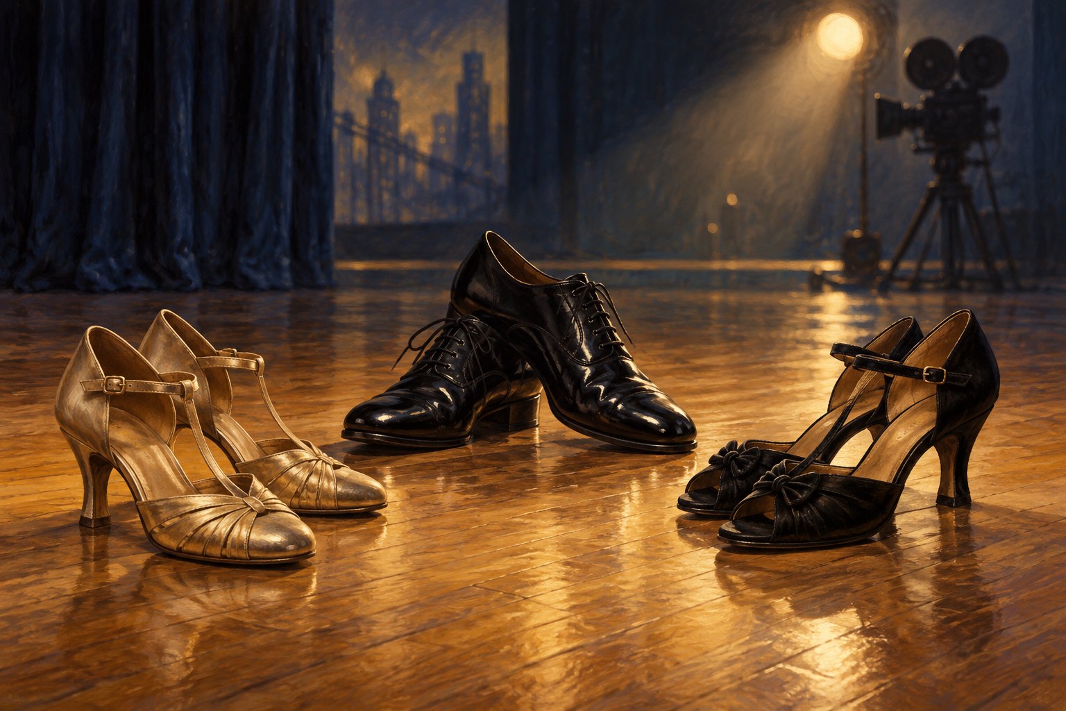 Conceptual illustration of three pairs of dance shoes on a wooden floor beneath a spotlight, with a vintage movie camera behind them.