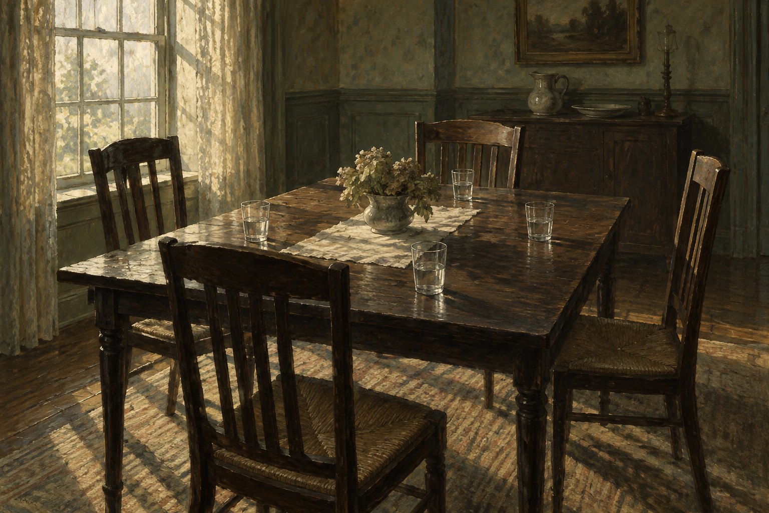 Conceptual illustration of four empty wooden chairs around a dining table, with window light casting long shadows.