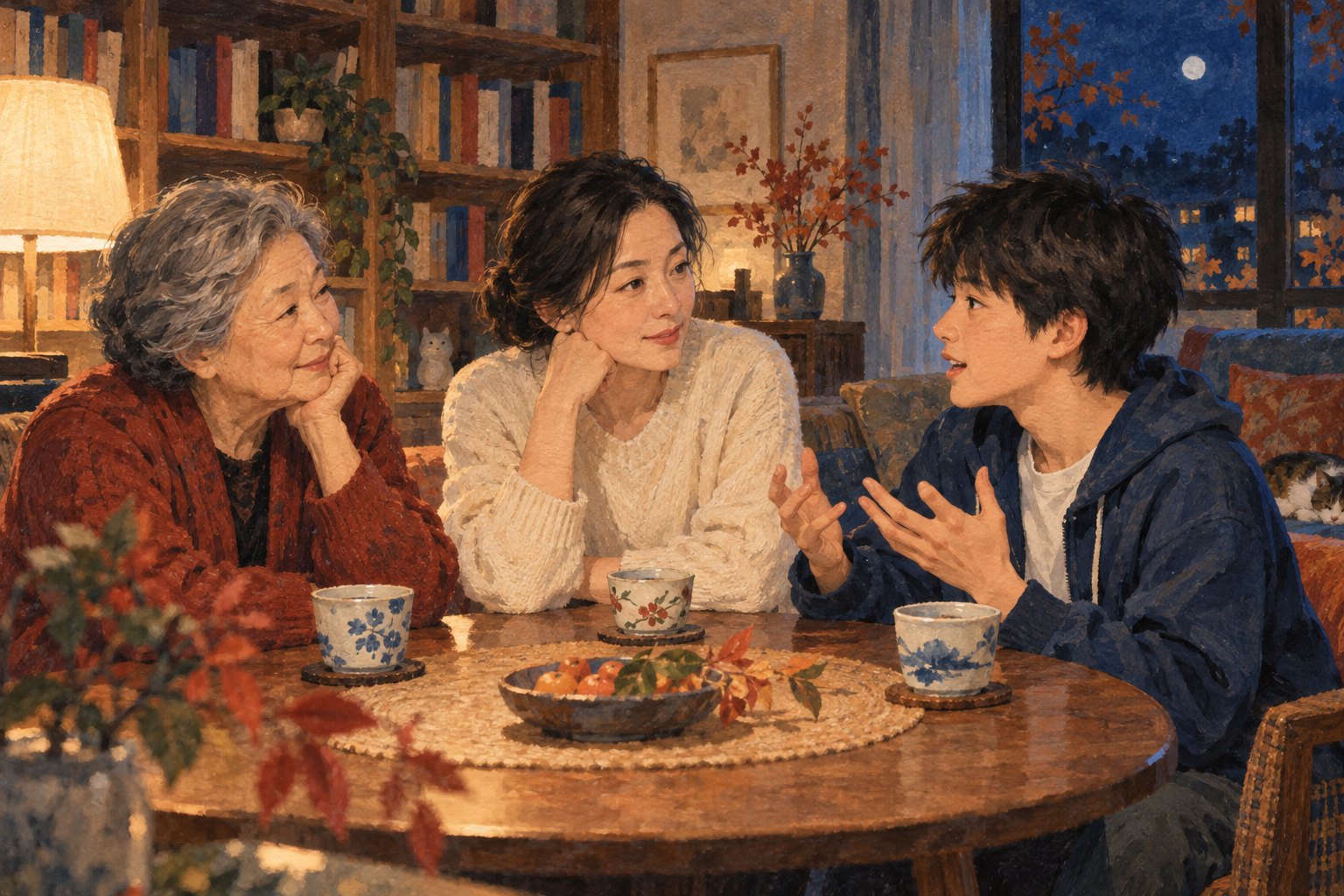 祖母、成年女儿与少年围坐茶桌交流观影感受,跨代对话主题插画