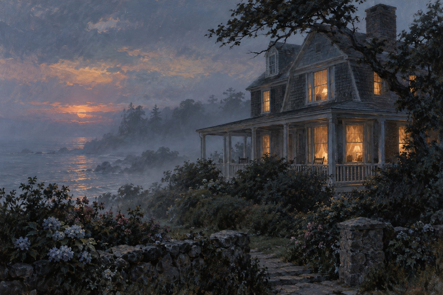 Conceptual illustration of a coastal house with glowing windows surrounded by blue-gray fog at twilight.