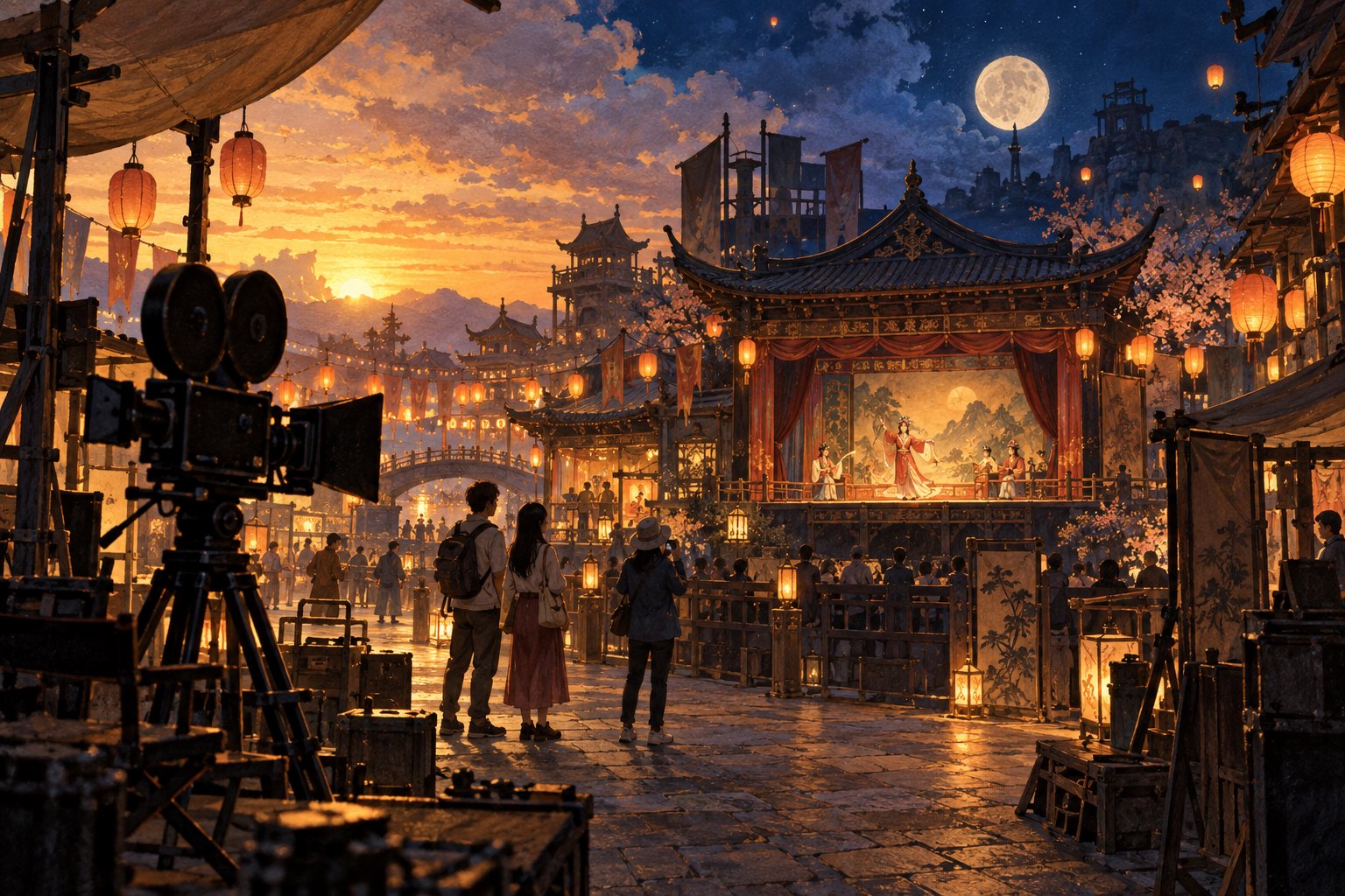 电影主题游园概念插画：游客在暮色与圆月下观看古风戏台，前景可见摄影机