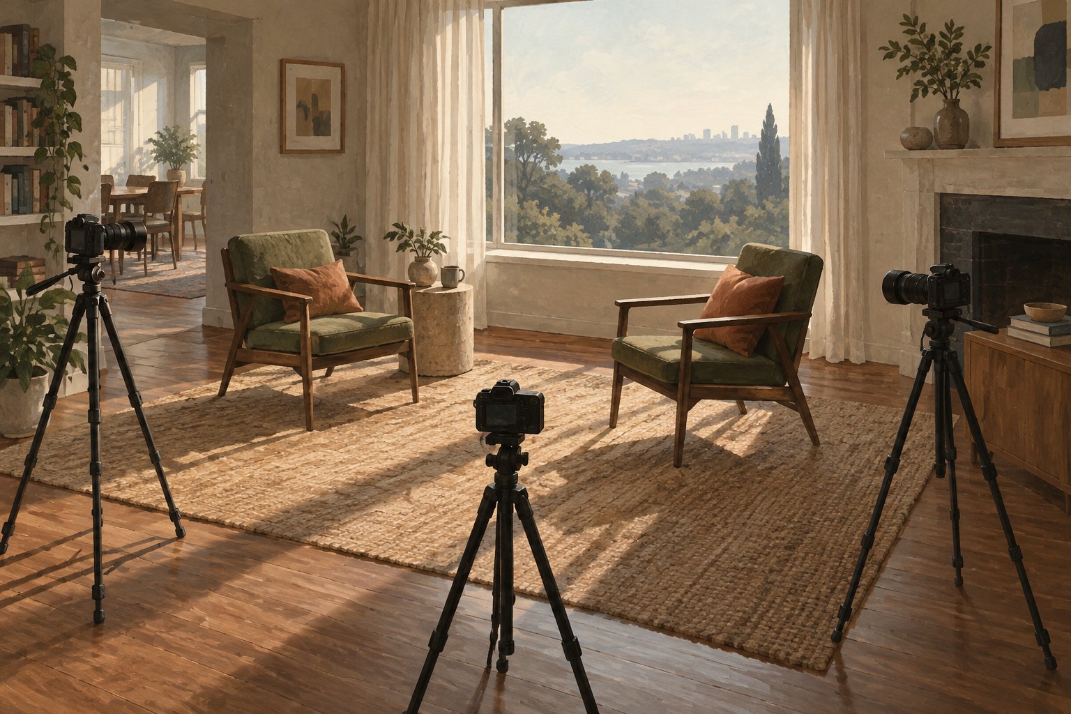 Conceptual illustration of three cameras surrounding two empty interview chairs in a sunlit living room.