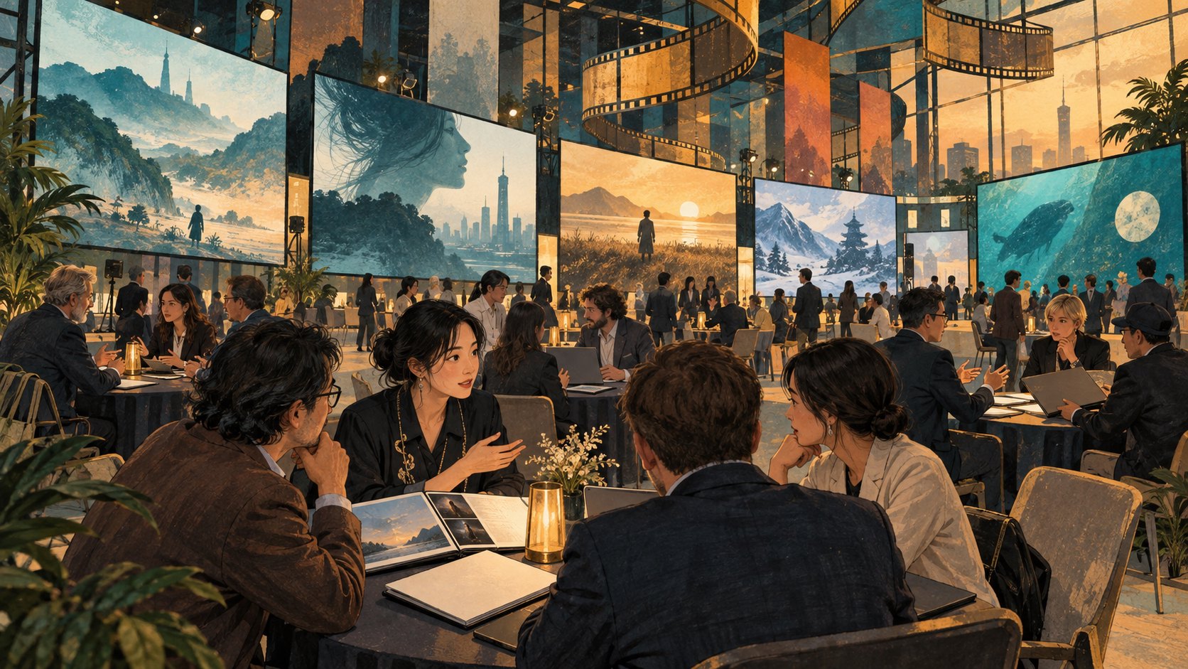 影視業者在展示多幅影像的國際交流空間洽談,為原創概念插畫,非活動實景