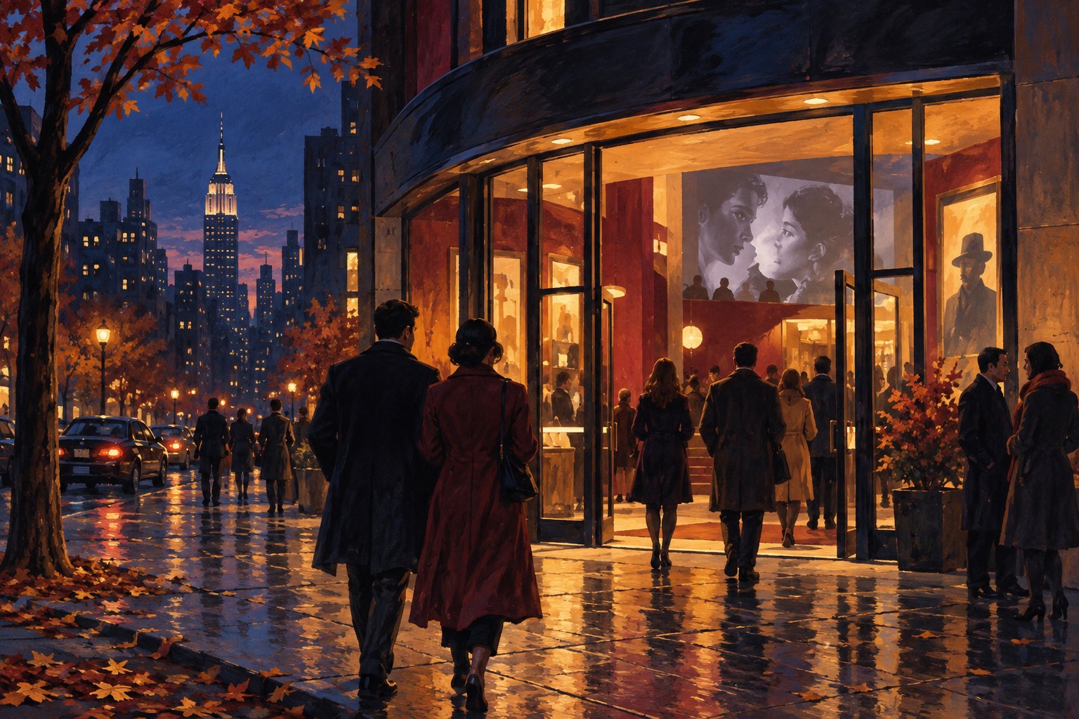 Painterly illustration of filmgoers approaching a warmly lit New York cinema on an autumn evening.